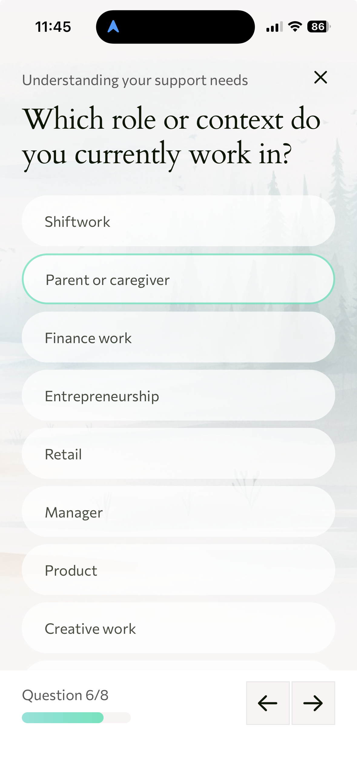 App showing role and context assessment question