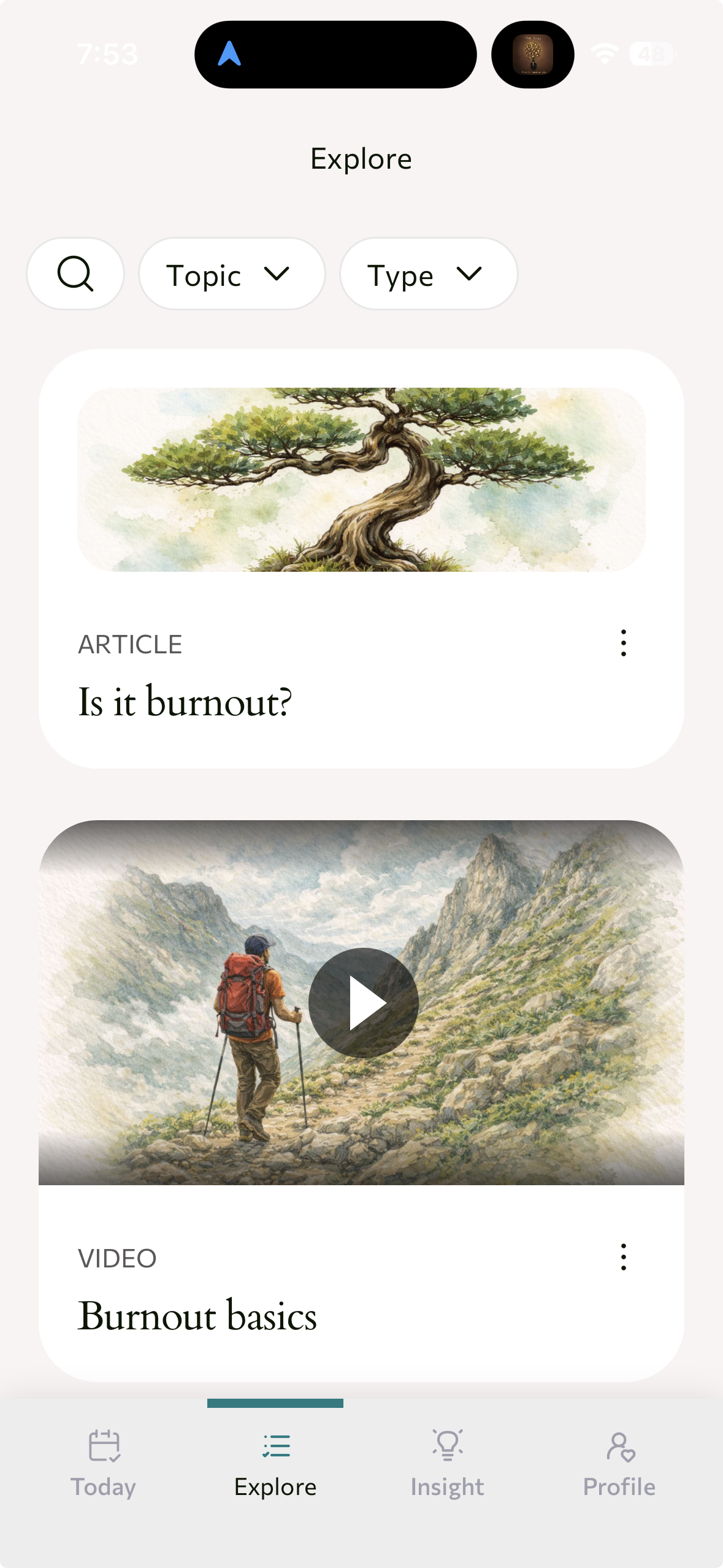 App explore page showing burnout content
