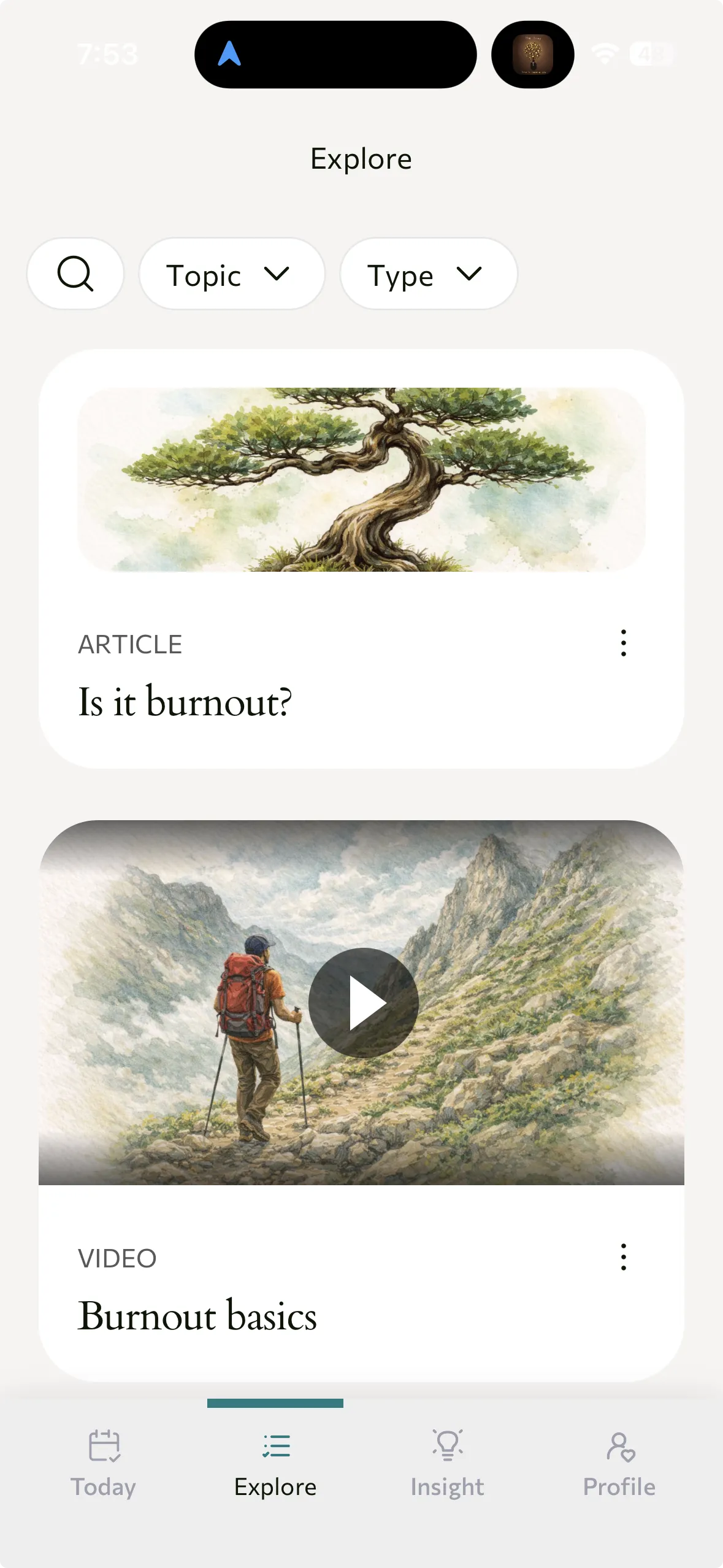 App explore page showing burnout content